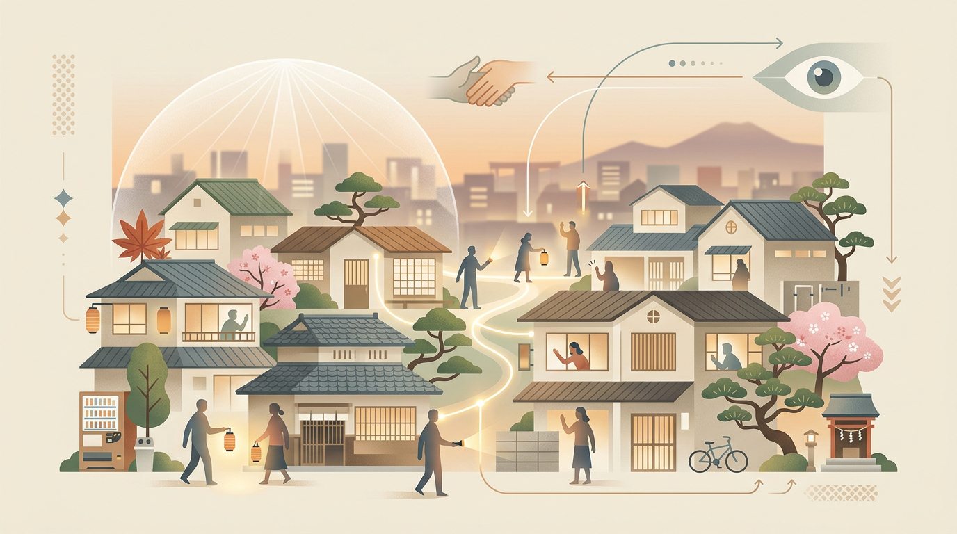 日本の地方都市における地域の安全と近隣の見守りを象徴する抽象的なイラスト。穏やかな色調の住宅と緑、平和的な雰囲気。特定の事件を再現しない。