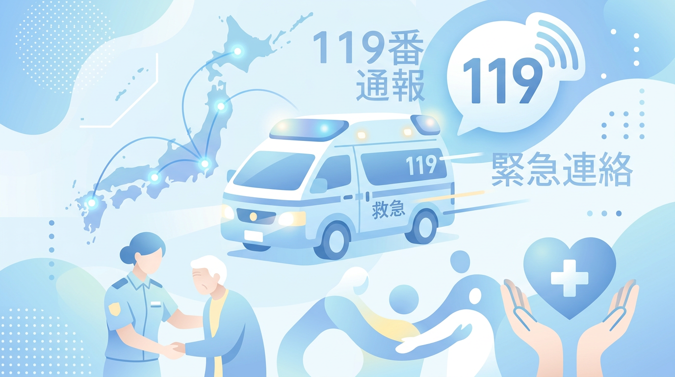 119番通報と救急対応を象徴する抽象的なイラスト。救急車のシルエットと穏やかな光の表現で、暴力や流血は描かない。日本の地域ニュース向け。