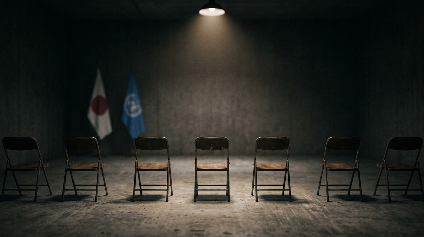 人権・外交を象徴する静かな室内イメージ。特定の国旗や紋章は判読不能なぼかし。
