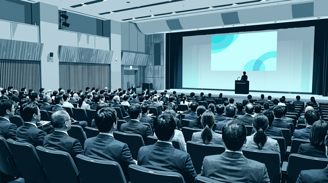 講演会を連想させる会議場のイメージ。特定の人物は描かない。