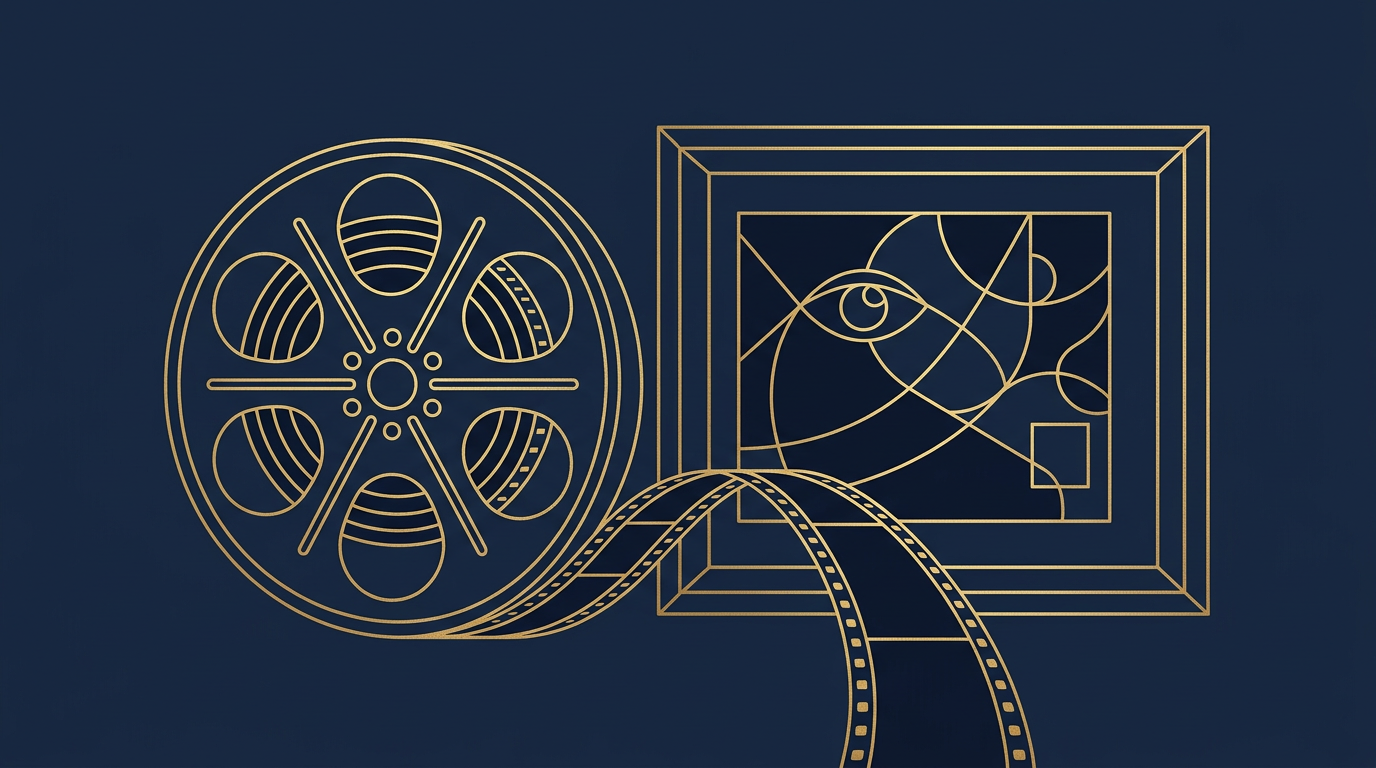 映画と美術を並べた抽象的なイラスト。フィルムと額縁のシルエット。ロゴなし。