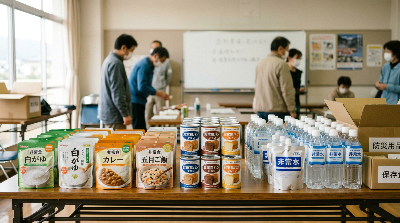 防災ワークショップで並べられたアルファ米、缶パン、飲料水などの非常食サンプルをテーブル上に配置したイメージ。実際のイベントの写真ではなく、備蓄検討のイメージを伝える合成画像である。