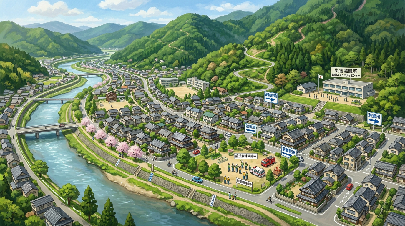 中国地方の地方都市を想起させる緑豊かな丘陵と住宅地が広がる鳥瞰風のイメージ。特定の自治体の地形を測量レベルで再現したものではなく、地域防災の文脈を視覚化するための合成画像である。