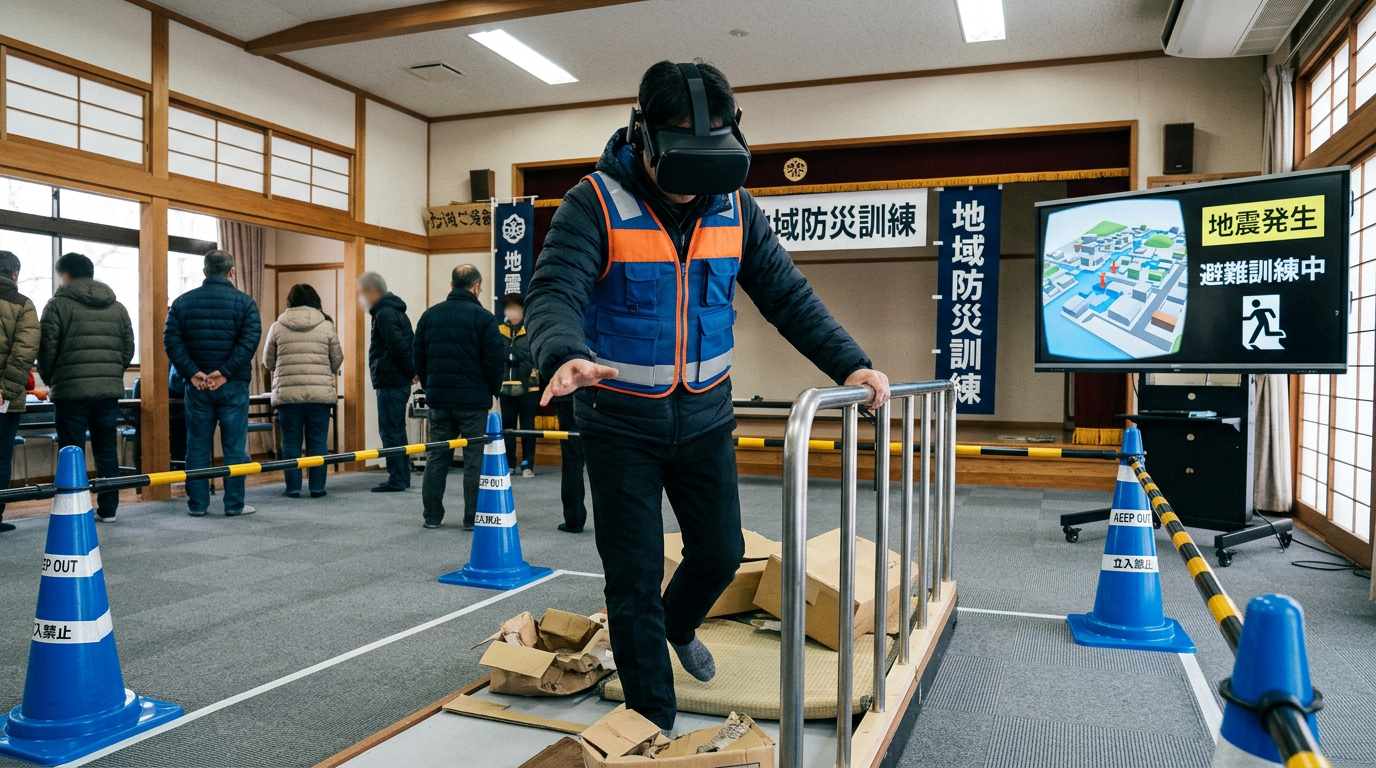 コミュニティ会館のような室内で、参加者がVRゴーグルを装着し災害シミュレーションを体験する場面のイメージ図。防災訓練の雰囲気を伝えるが、特定の個人や実在の会場を特定できないようにした合成画像である。