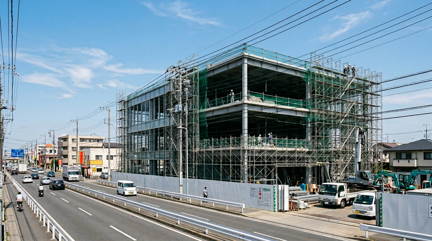 ディーラー建設現場を連想させる足場と建物骨組みのイメージ。特定のブランド看板は含まない。