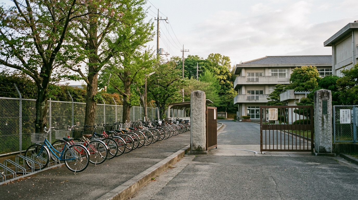 日本の公立学校の正門周辺を連想させる風景イメージ。特定の校名看板は含まない。