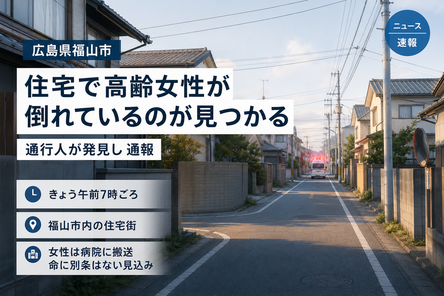 地方都市の静かな住宅街の朝のイメージ。血痕や暴力表現は含まない、報道用に配慮した穏やかなトーンの編集部作成ビジュアル。