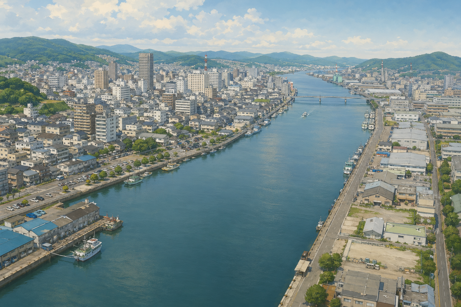 地方都市の内港・運河型水域と周辺市街地のイメージ。血文字・ロゴは入れない報道向け図解。
