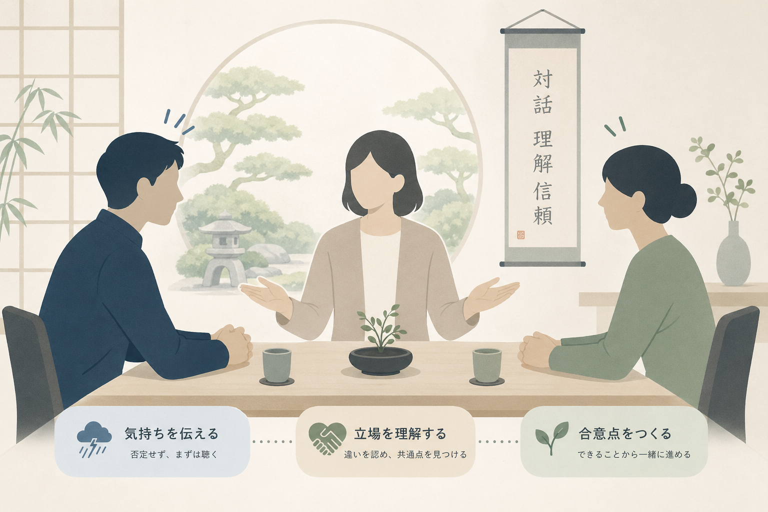 紛争の第三者在場や話し合いの場をイメージした図解。凶器は描かない。