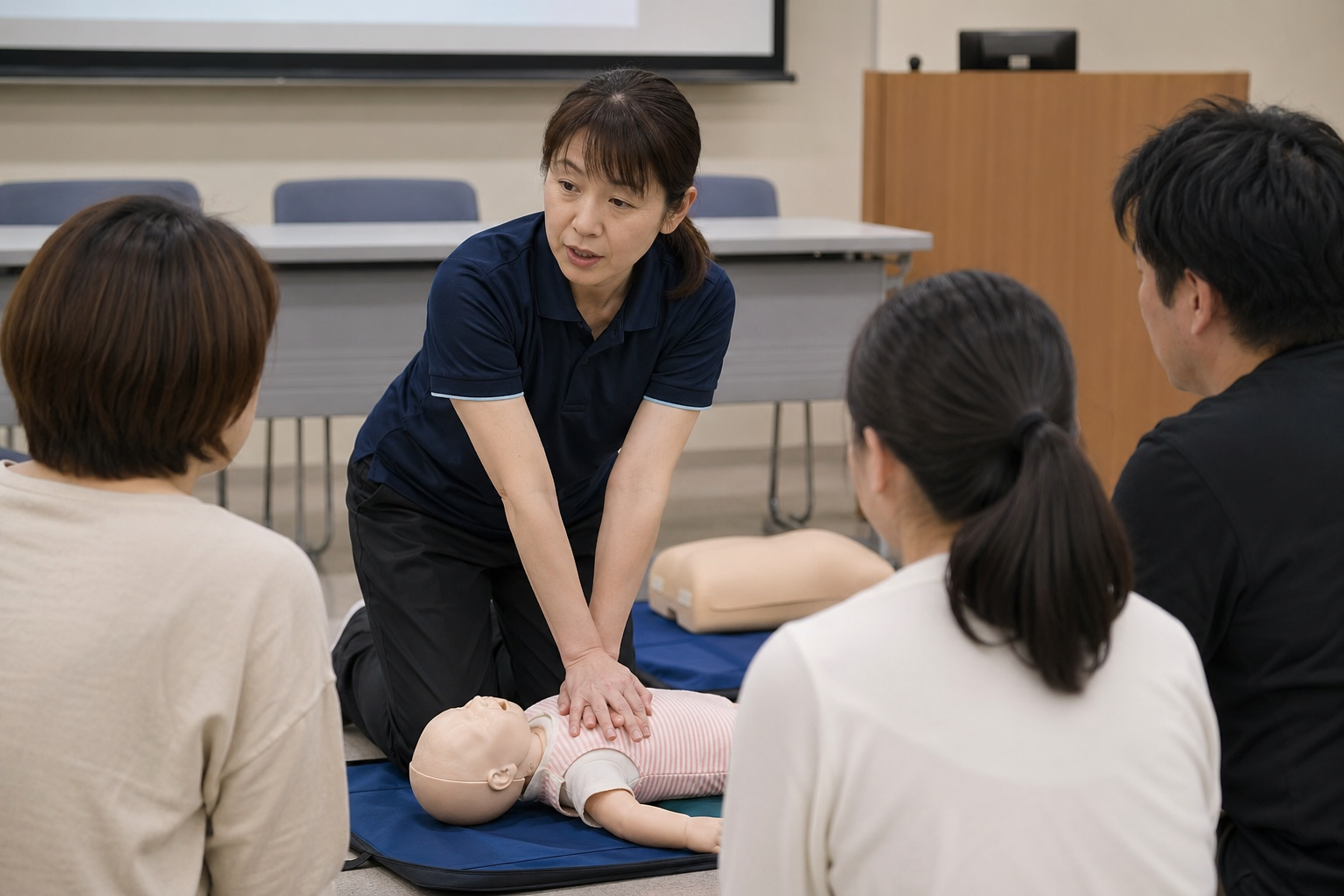 小児を対象とした心肺蘇生法の講習シーン。消防士が指導し、参加者が人形を使って実践する様子を詳細に描写。福山市の普通救命講習Ⅲの内容を視覚的に表現