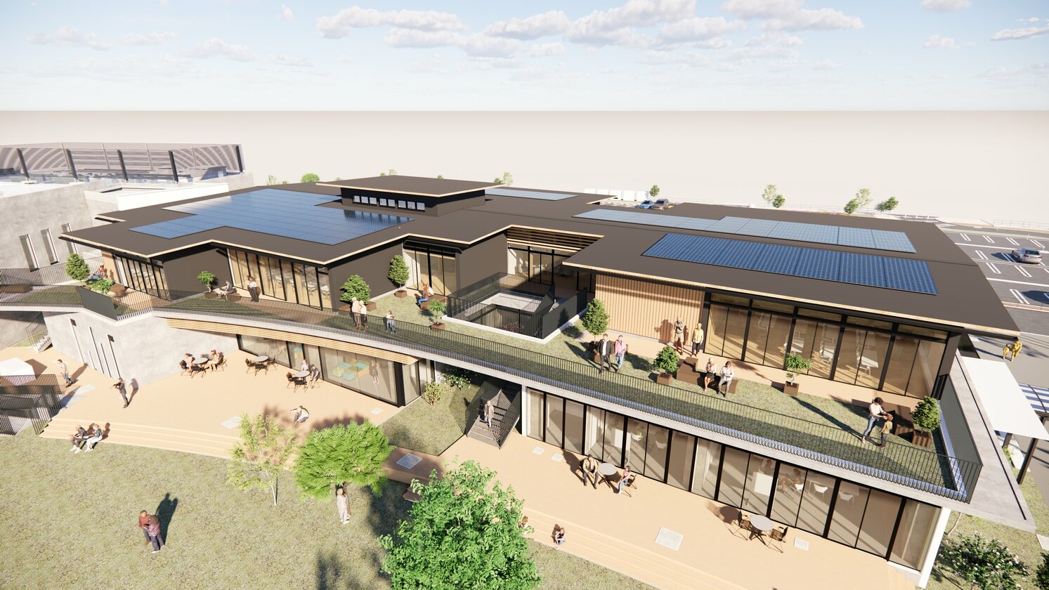 中国新聞デジタルが福山市提供として掲載した、まちづくり支援拠点施設の完成イメージパース。旧市体育館跡地周辺の新施設の外観を示し、公募・投票の対象となる建物の規模感と都市景観への馴染みを読者に伝える報道用ビジュアル。