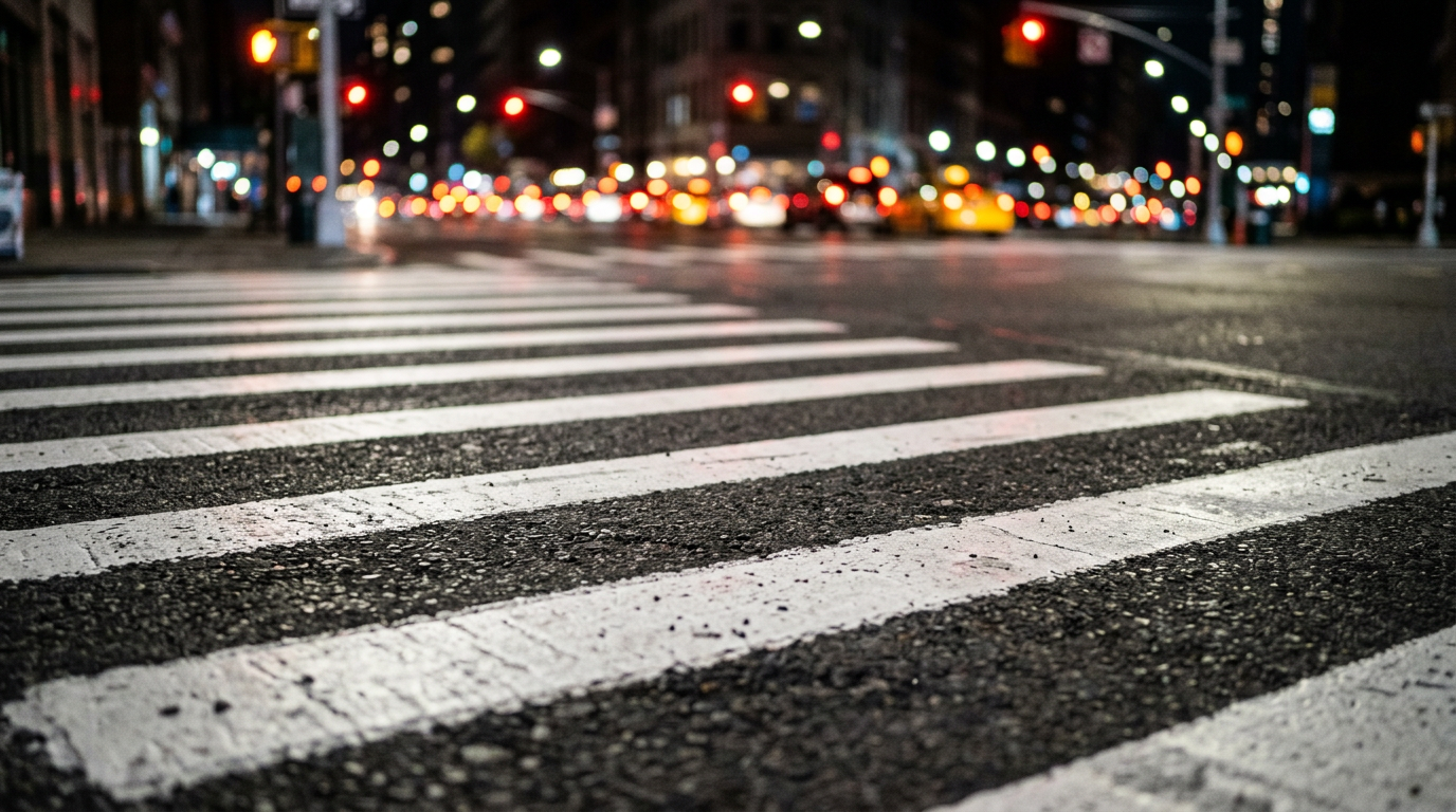 アスファルト上の横断歩道の縞模様をクローズアップしたイメージ。歩行者の安全と横断地点の重要性を象徴する。