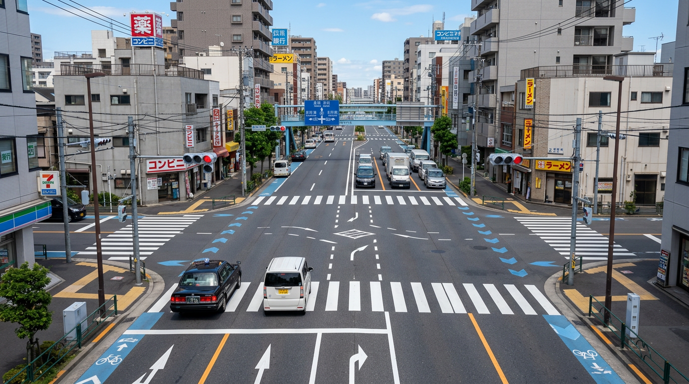 都市部の信号交差点を上から見下ろしたイメージ。横断歩道と車線が確認できる。本文の事故発生場面の象徴として用いる。
