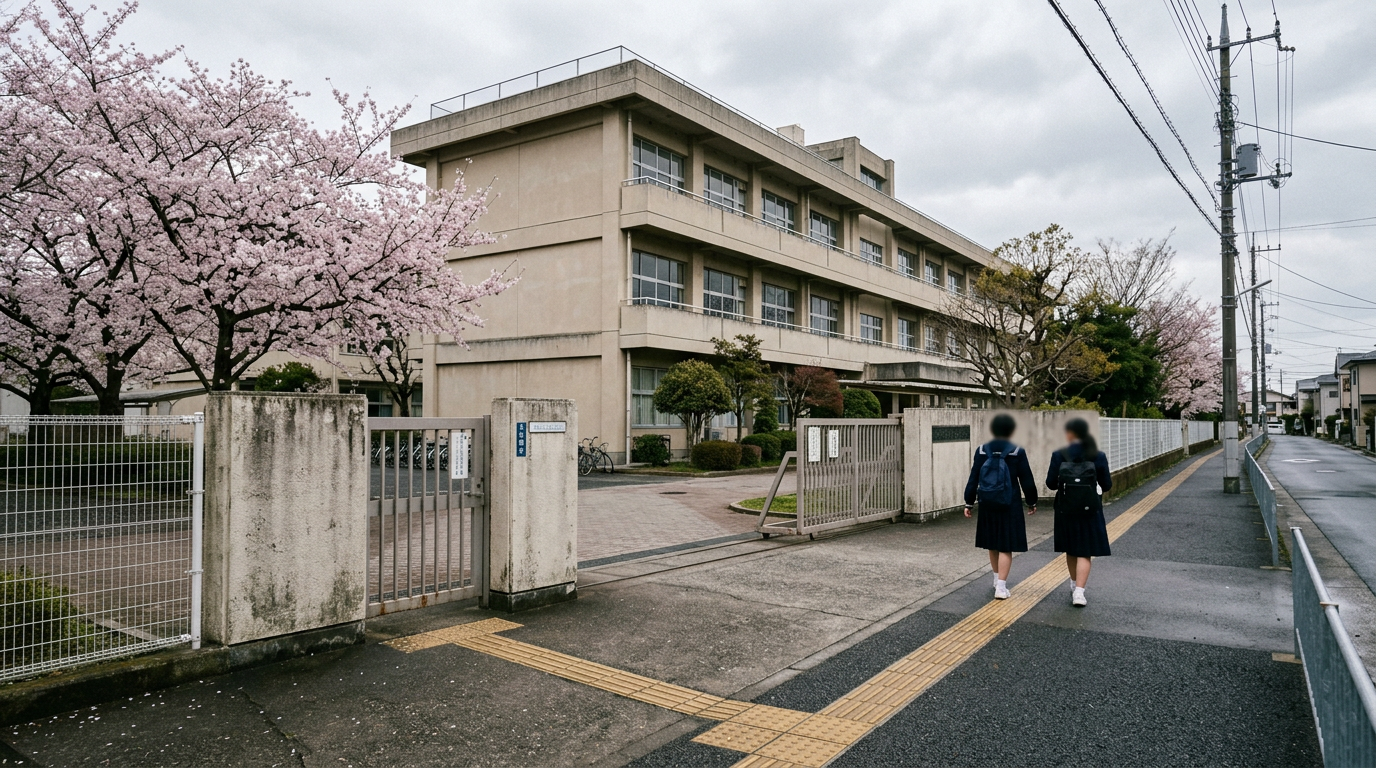 特定の校名を示さない、日本の公立中学校の校門付近を想起させる風景のイメージ。※画像は生成AIにより作成されたイメージです。