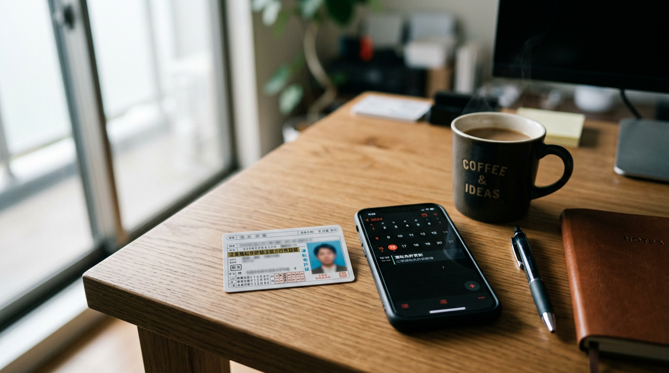 免許証とスマートフォンのカレンダーを並べ、更新期限のリマインダーを想起させる静物のイメージ。個人が読み取れる文字は写さない構成。※画像は生成AIにより作成されたイメージです。