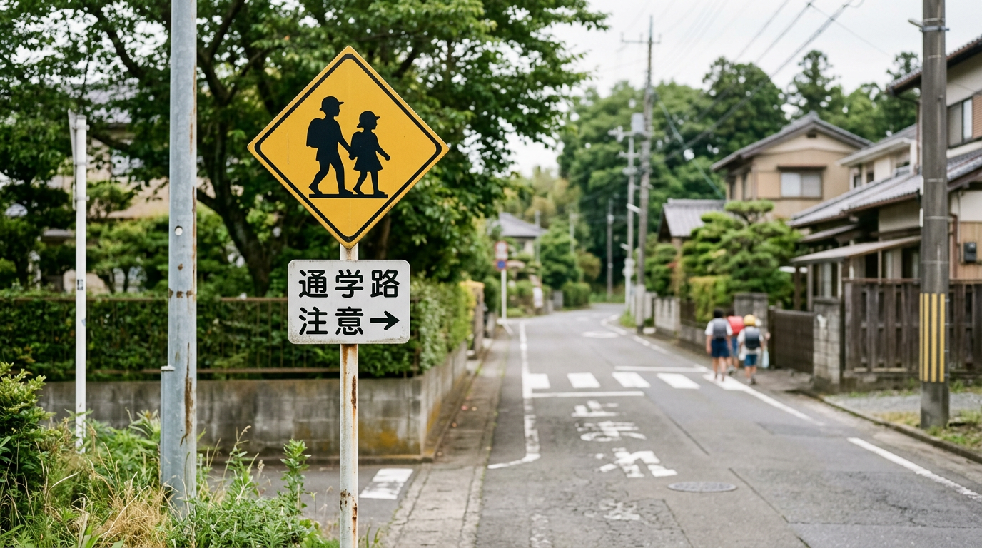 通学路を示す標識や注意喚起のイメージ。児童の通行が多い道路での注意を想起させる。