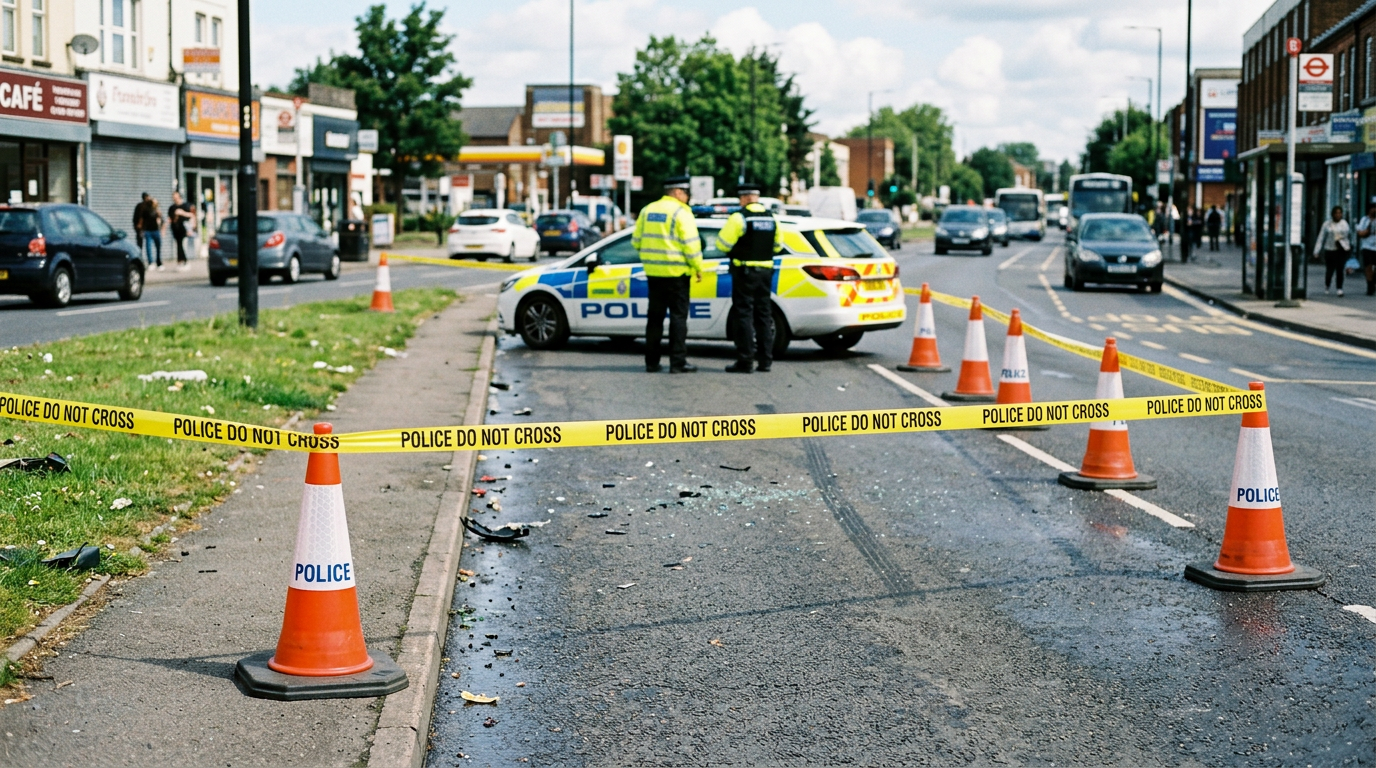 道路上に置かれた誘導コーンと規制線のイメージ。事故現場の検証・交通誘導を連想させる（特定の事件を再現したものではない）。