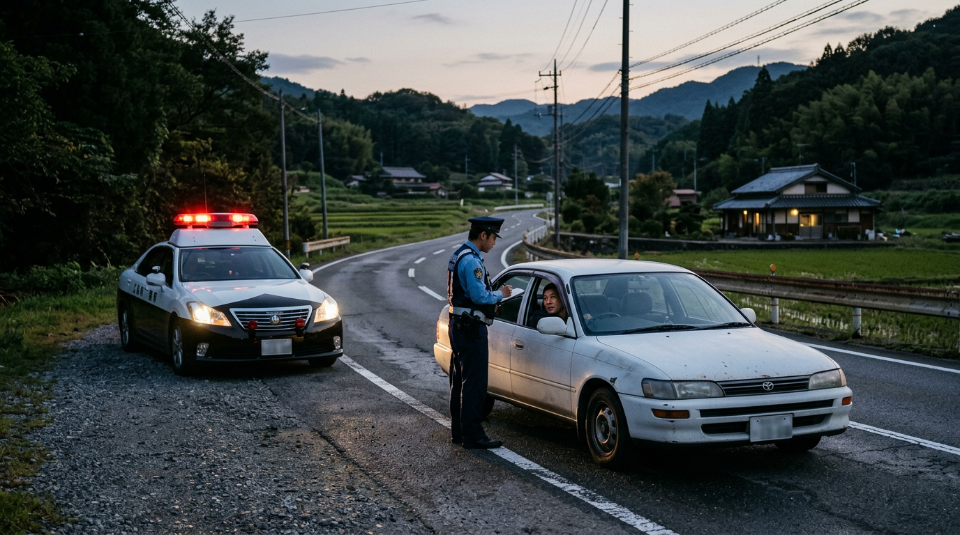 県道近くで職務質問を受ける場面のイメージ。特定の事件現場の再現ではなく、読者が「夜間の路上での確認」という状況をイメージしやすいよう構成した図。※画像は生成AIにより作成されたイメージです。