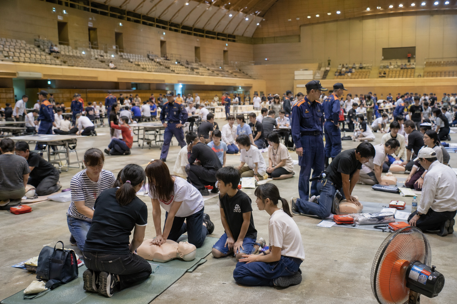 福山地区消防組合の講習会場で複数の市民がグループ演習を行う様子。消防局庁舎やエフピコアリーナを背景に、応急手当普及員講習や定期講習の賑わいを具体的に描いたイメージ