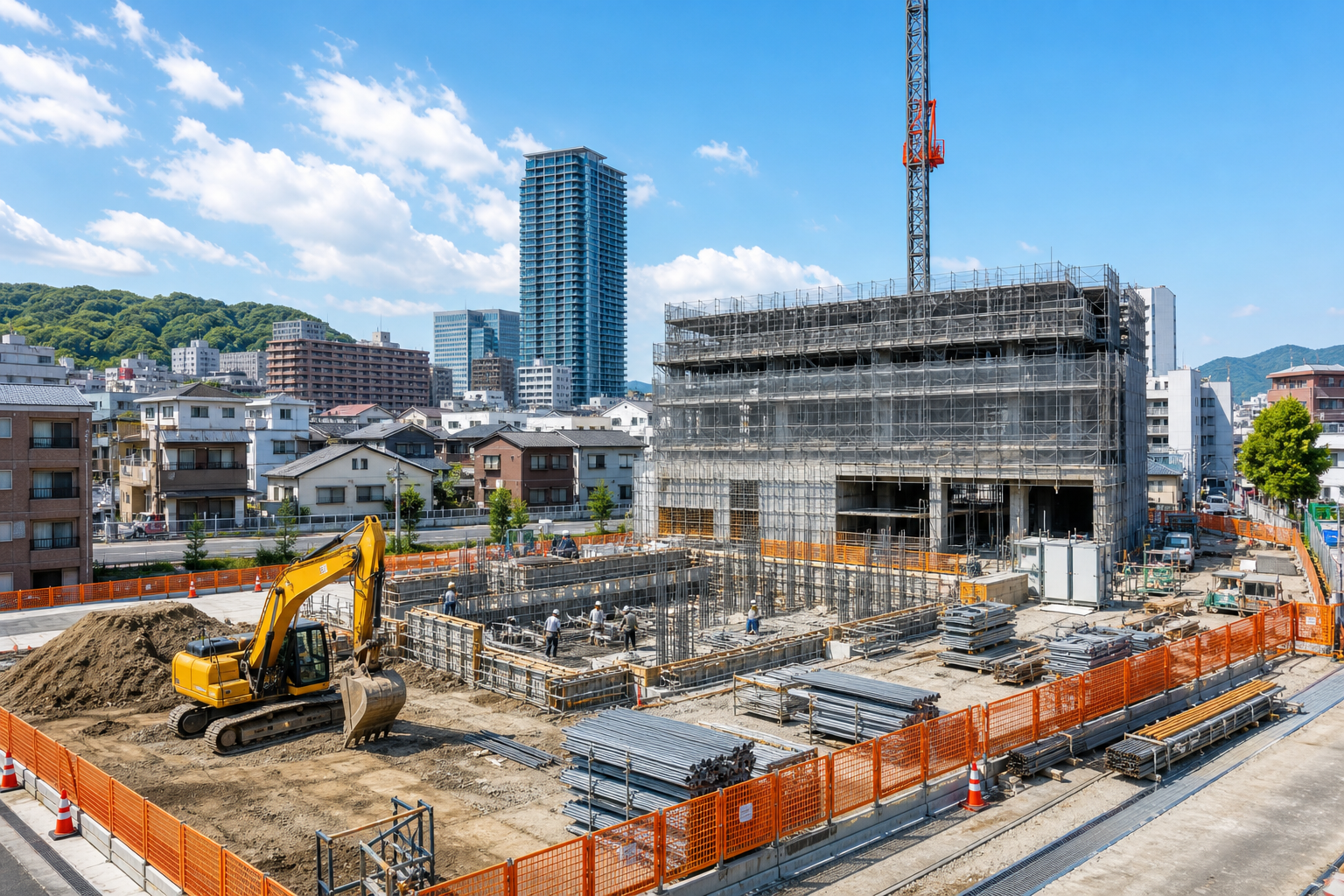 地方都市の分譲マンション建設現場（重機・資材・仮囲い）をイメージした編集部作成の横長ビジュアル。特定物件の再現ではありません。