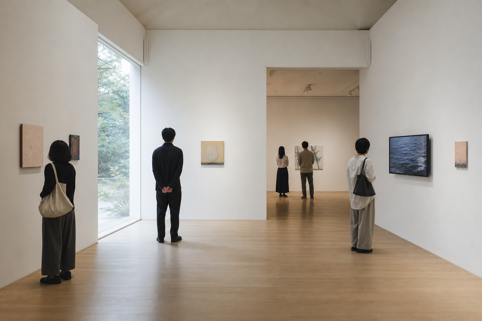 地方都市の小規模ギャラリーで作品を観る来場者の雰囲気をイメージした編集部作成の横長ビジュアル。特定の会場・作家の再現ではありません。