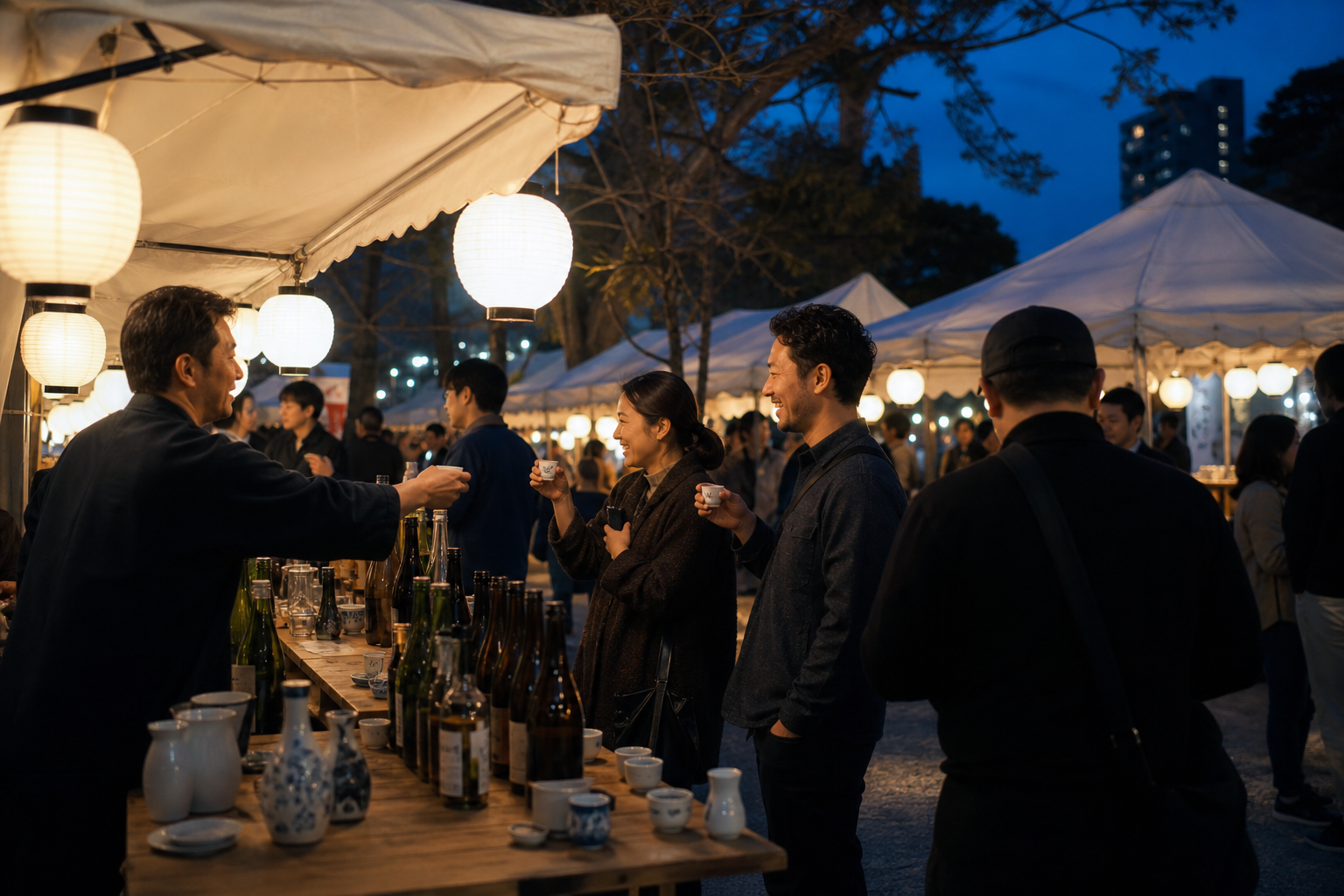 屋外広場での日本酒試飲・イベントのにぎわいをイメージした編集部作成の横長ビジュアル。特定の会場・ブランドの再現ではありません。