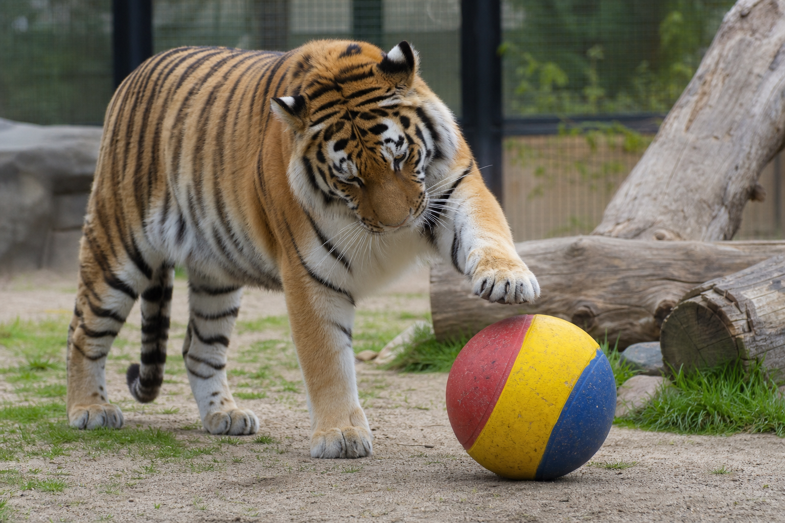 アムールトラがボールで遊ぶ様子をイメージした編集用イメージ図。福山市立動物園の投稿内容(トラのボール遊び)を補足する目的で用いる。