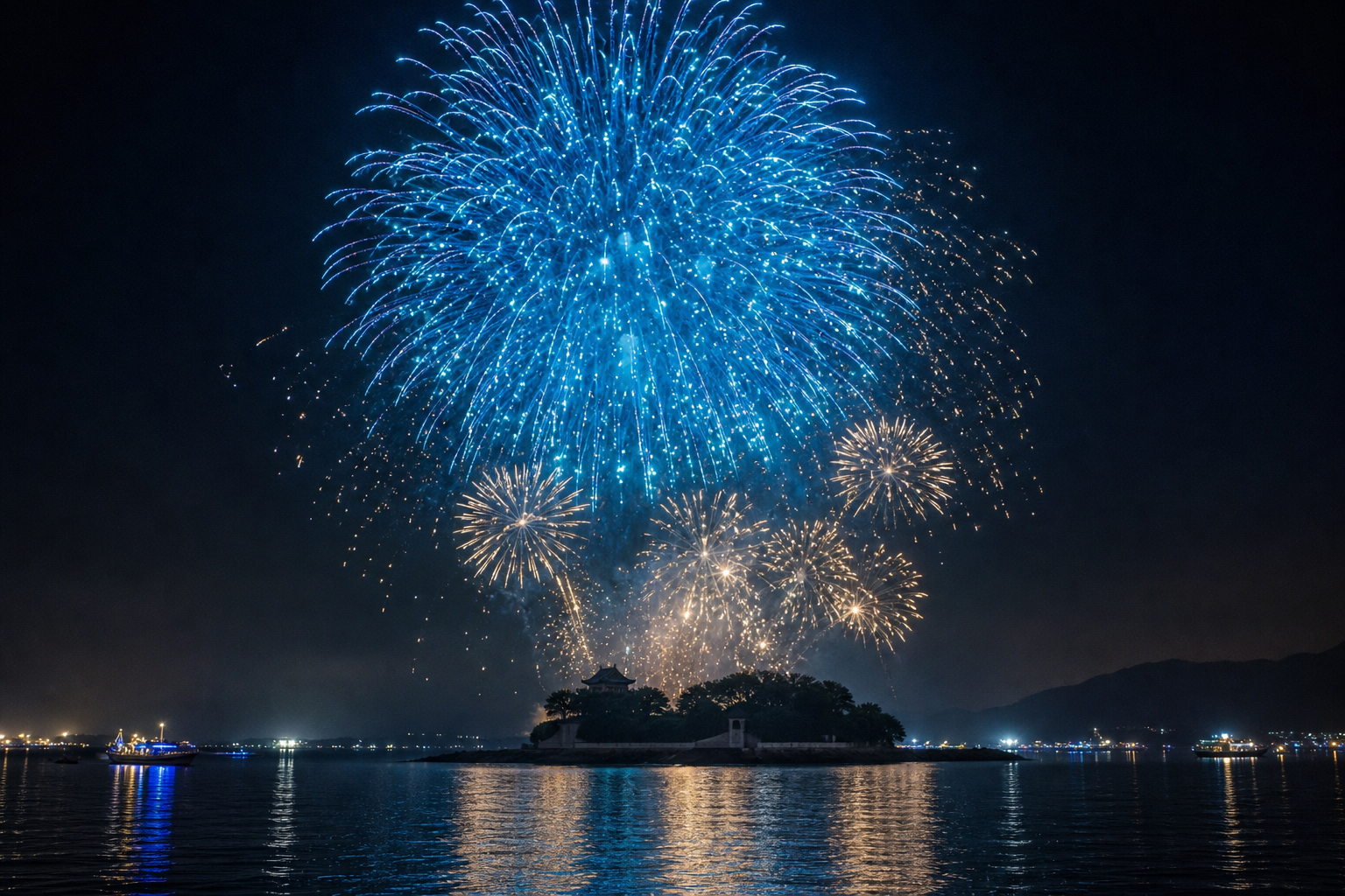 新色「瀬戸内ブルー」と水面の反射を意識した花火の夜のイメージ。特定の会場の再現ではなく演出イメージ。