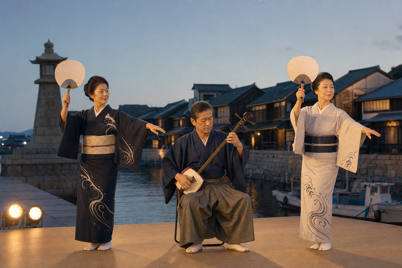 三味線とうちわ踊りを伴う港町の伝統芸能オープニングのイメージ。特定の個人や団体を特定しない演出イメージ。