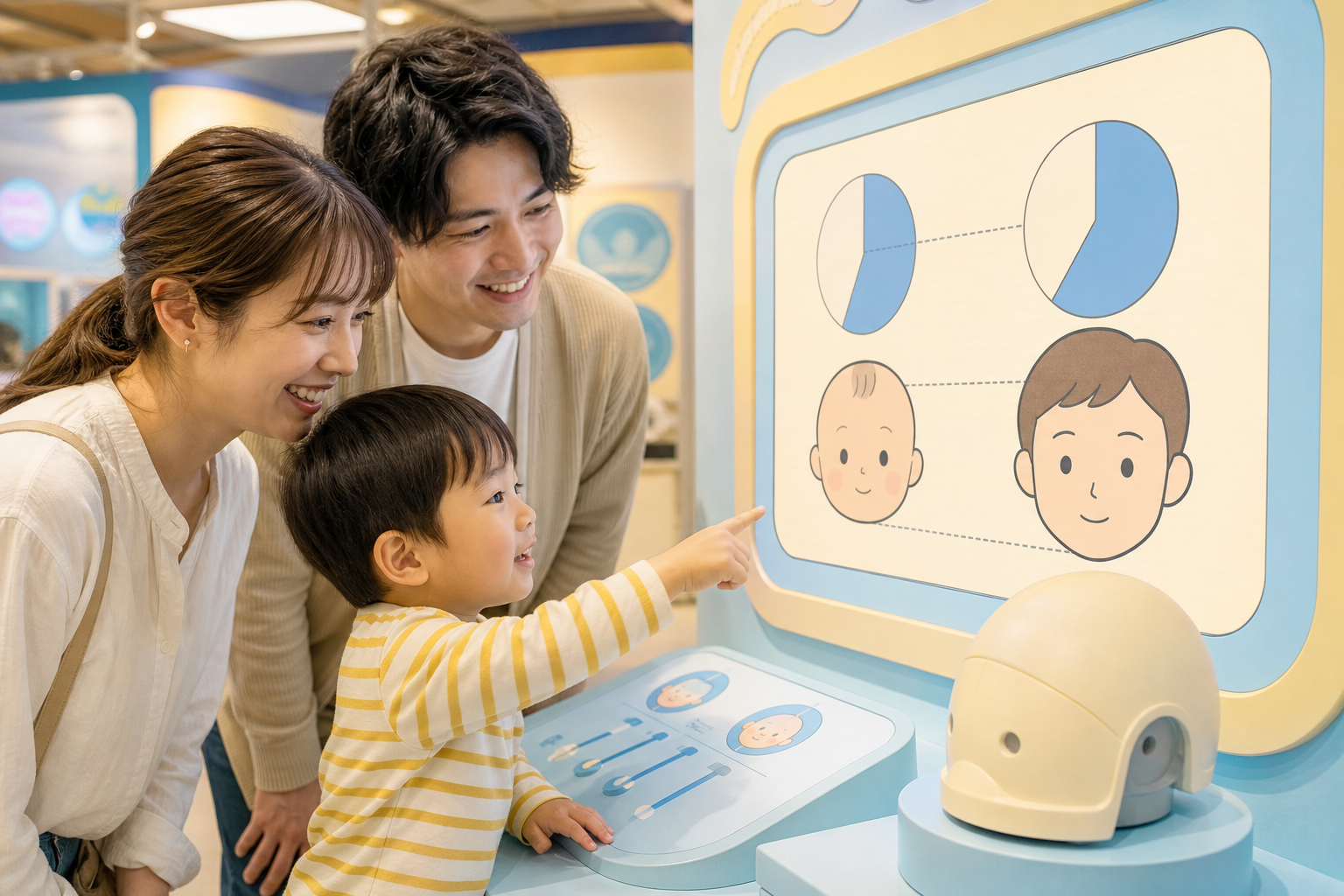 親子で見学する体験型展示のイメージ。頭部の重さの比率をやさしい図解と秤のデモで学ぶコーナー。※画像は生成AIにより作成されたイメージです