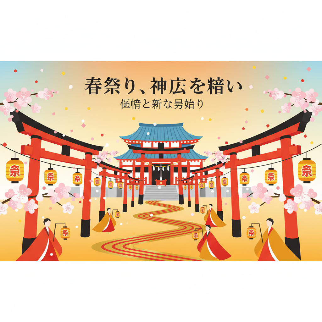草戸稲荷神社の卯之大祭をイメージした、伝統的な神社の春祭りの抽象イラスト