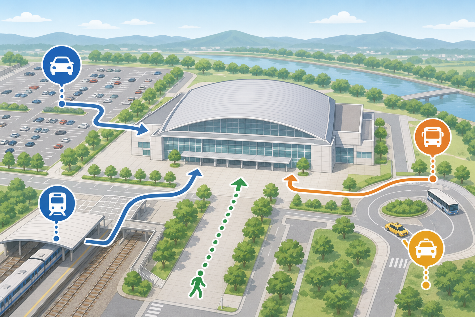 地方都市からコンベンション施設へ向かう交通手段（車・鉄道アイコン）をイメージした編集部作成の横長イラスト。