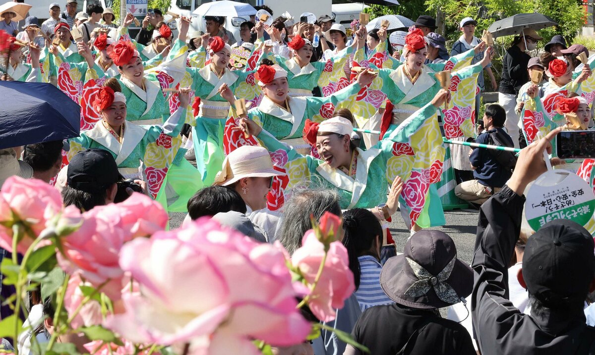 第59回福山ばら祭2026のローズパレードで最優秀賞を受賞した備後ばらバラよさこい踊り隊の様子。福山市中心部での恒例パレードの一場面。