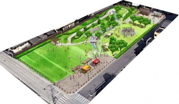 福山市公式の丸之内公園再整備(案)完成予想図。小川・噴水・休憩施設を含む園全体のイメージ。