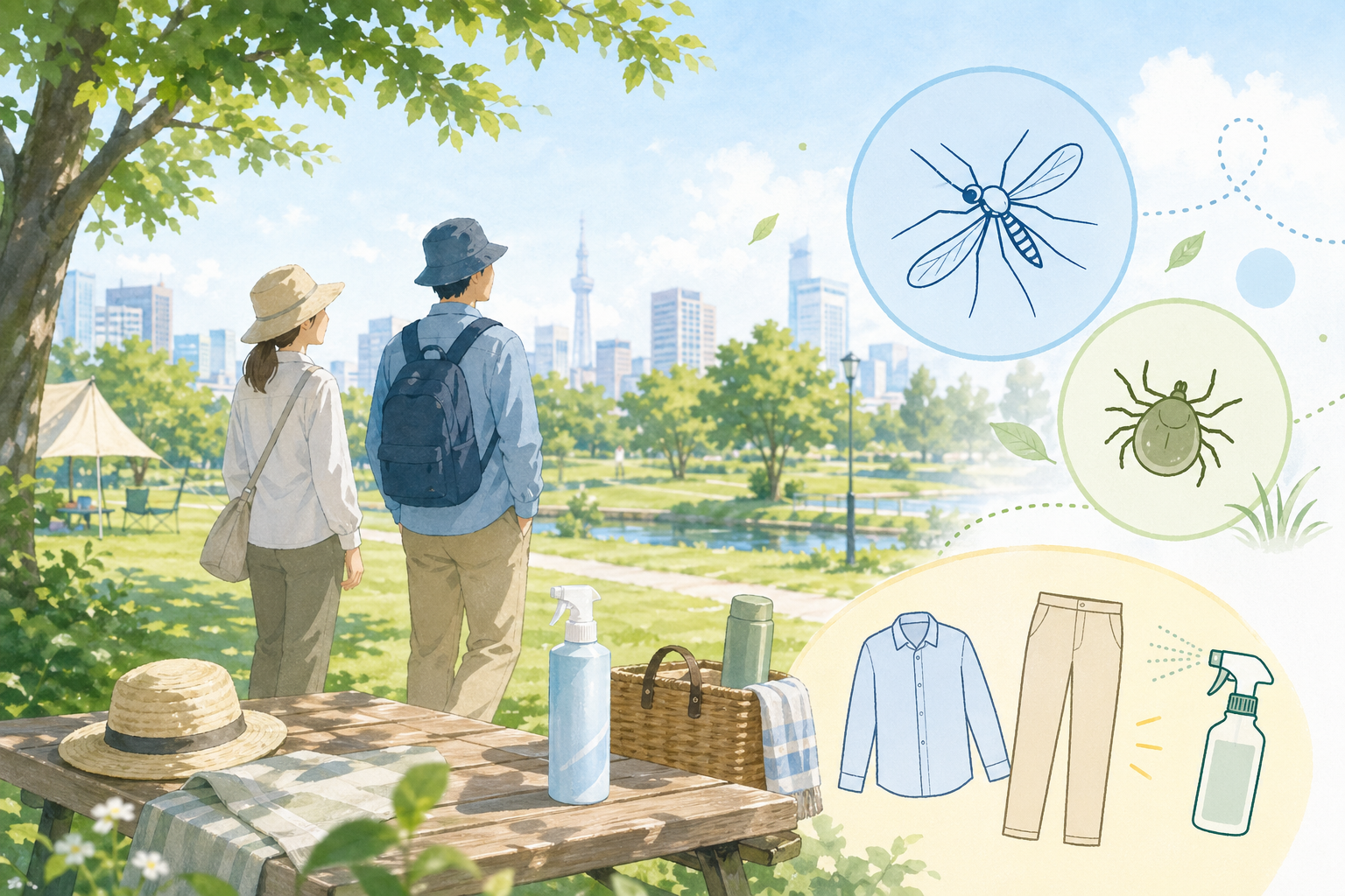 福山市広報2026年5月号の健康・医療ページを象徴するアイキャッチ。初夏の屋外のイメージに蚊とマダニの図示、長袖長ズボンと虫よけのイメージを組み合わせた編集用イラスト。