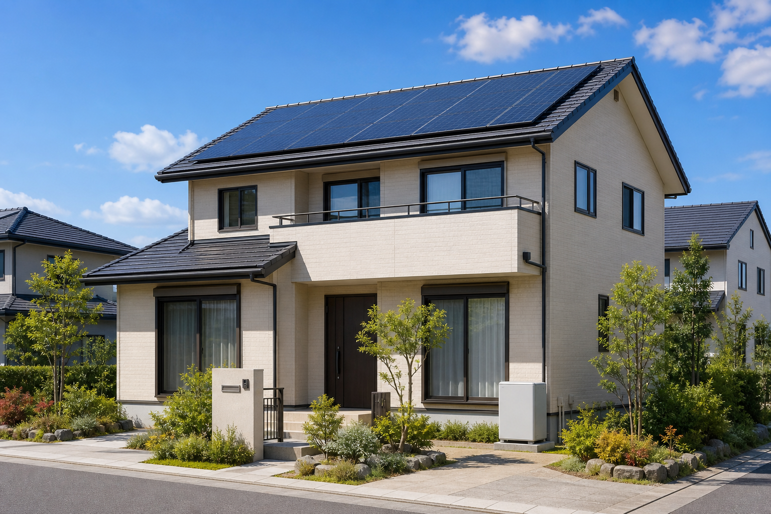 戸建て住宅の屋根に太陽光パネル、敷地内に家庭用蓄電池ユニットがある様子をイメージした編集部作成の図。