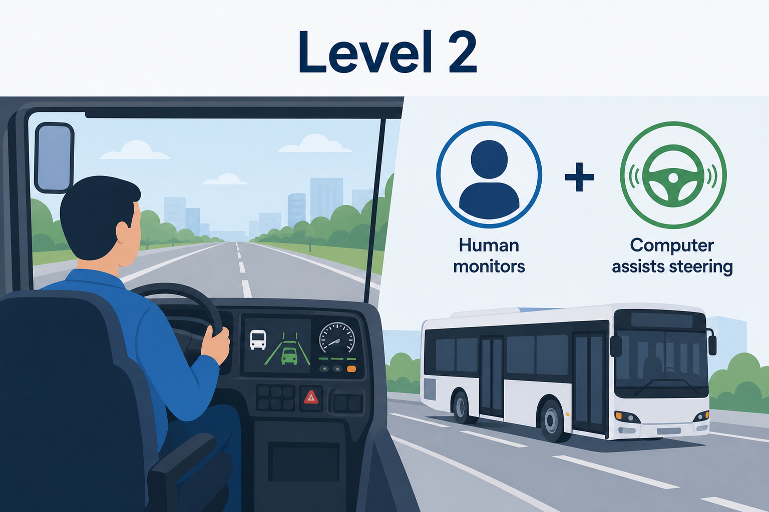 自動運転レベル2において運転手が監視・補助にとどまる関係を示す、一般的な説明用の図解イメージ。特定車両の仕様を示すものではありません。