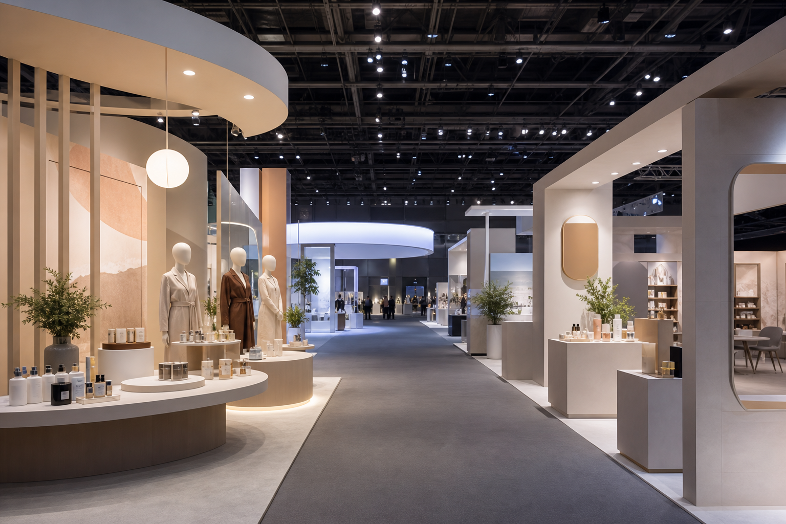 屋内展示会場で商品が並ぶ即売・展示イベントの雰囲気を示すイメージ。来場者が歩ける通路と展示台が見える編集部作成ビジュアル