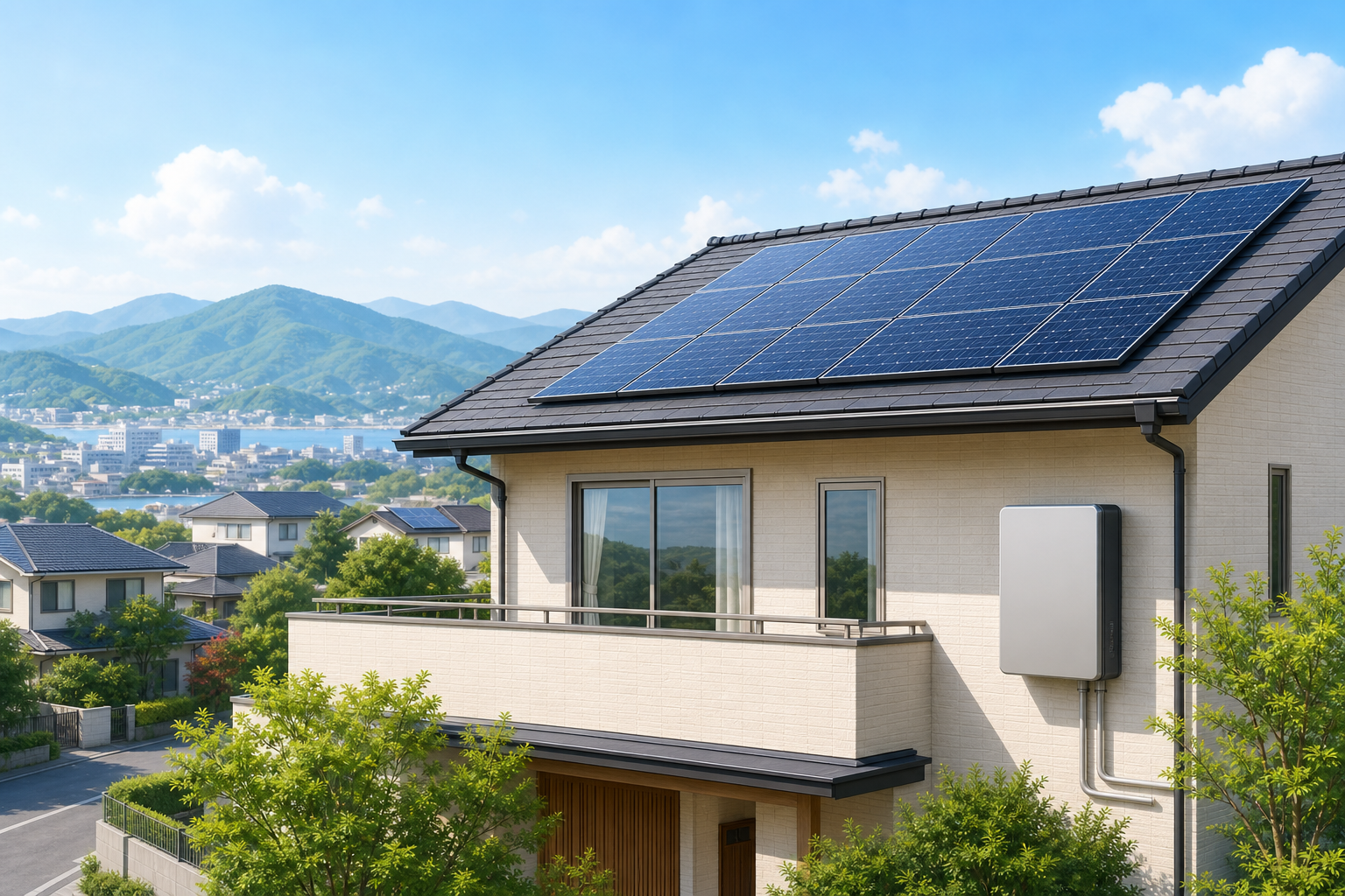 住宅の屋根に太陽光パネル、壁面に家庭用蓄電システムを置いたイメージ図（編集部作成の生成AIイメージ）