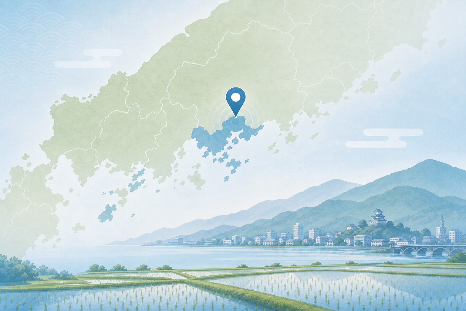 福山市周辺の立地を示す抽象マップ風の図。具体的な道路名や地番は表示しない編集補助イメージ。