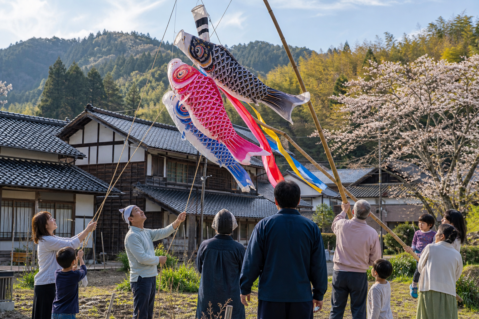 地域の大人と子どもが春の集落でこいのぼり掲揚に関わる様子のイメージ図。宮内中地区の「子ども約15人が参加」という紹介に沿った構図。