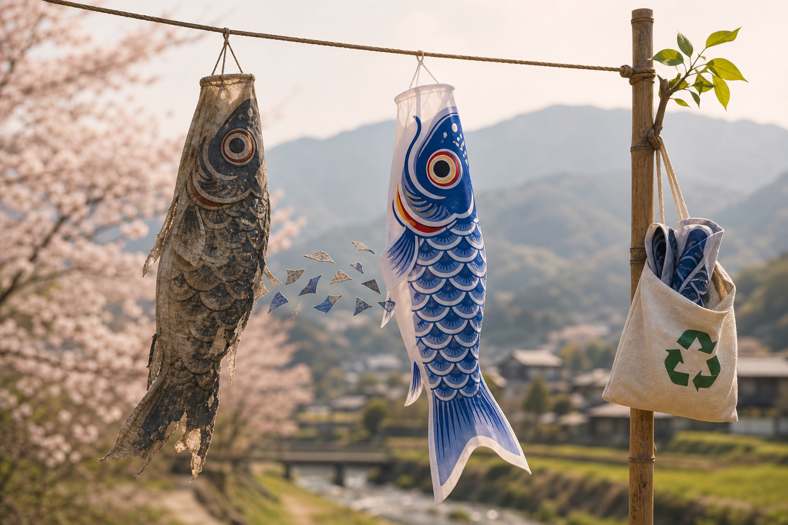 古いこいのぼりと新しいこいのぼりを並べたイメージ。寄付・再利用・継承のテーマを象徴する編集用イラスト。