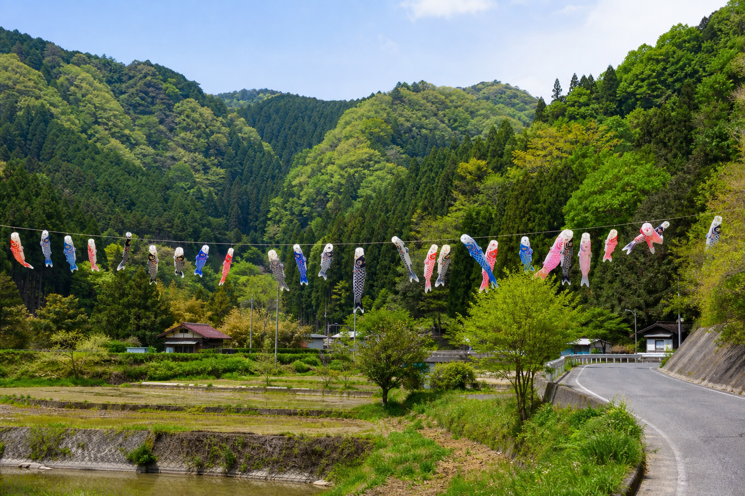 里山の緑とこいのぼりが並ぶ春の日本の農村風景のイメージ図。福山市新市町の常地区の紹介に合わせ、のどかな谷あいのイメージで構成。