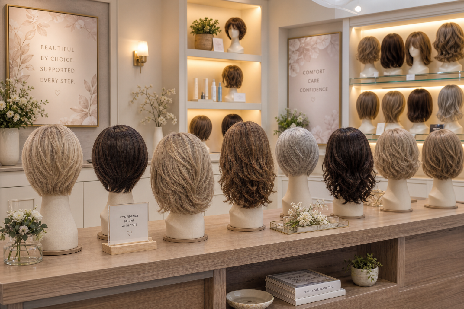 ウィッグやヘアピースが整然と並ぶショールーム風の商品展示イメージ。来場者の顔は写さず商品とスタンドに焦点を当てた編集部作成ビジュアル