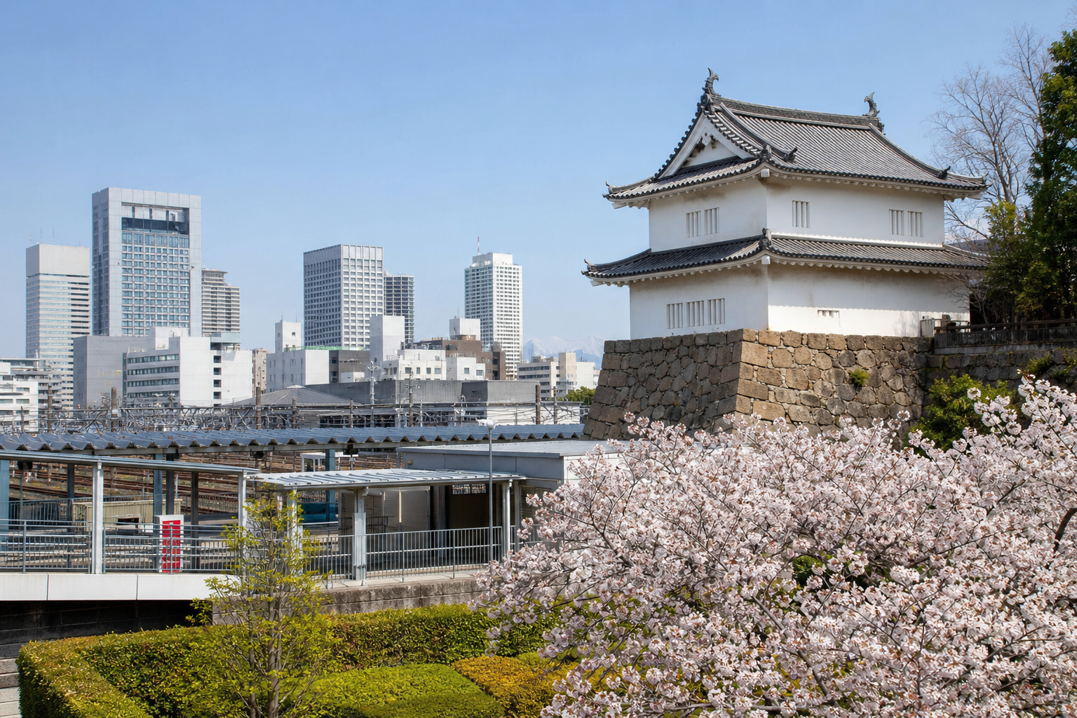 駅近の白壁の城郭建築と市街地が調和する春の風景のイメージ。※画像は生成AIにより作成されたイメージです