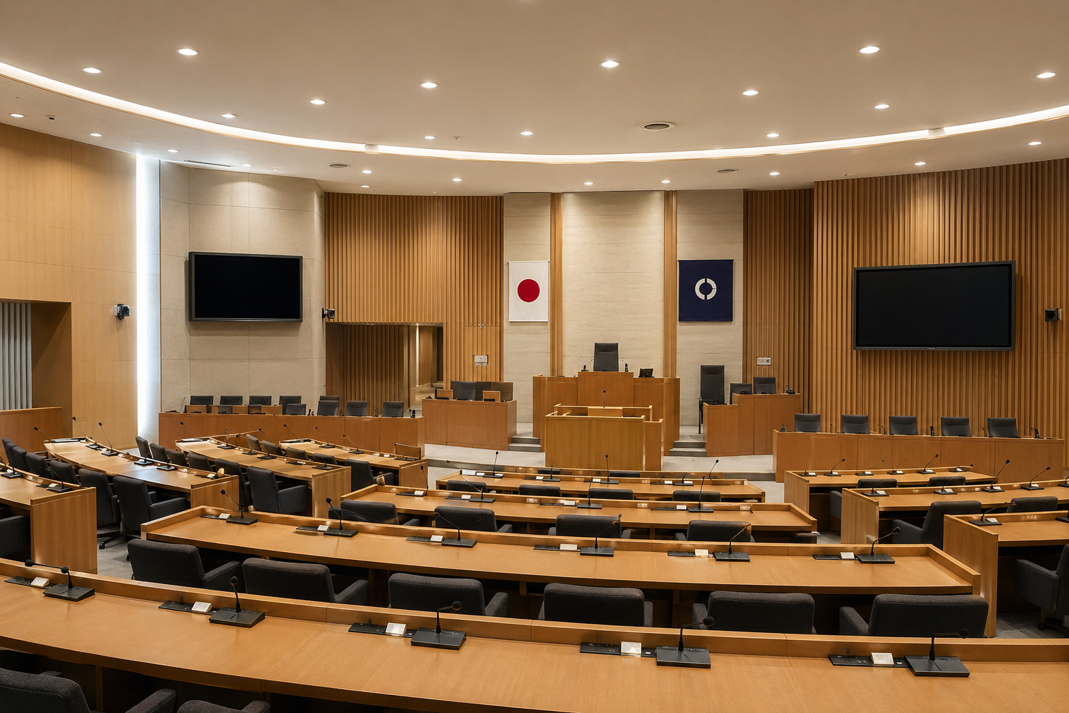 地方議会の議場内部のイメージ。福山市議会の実景・特定の議事の再現ではありません。※AIにより生成した参考イメージです。