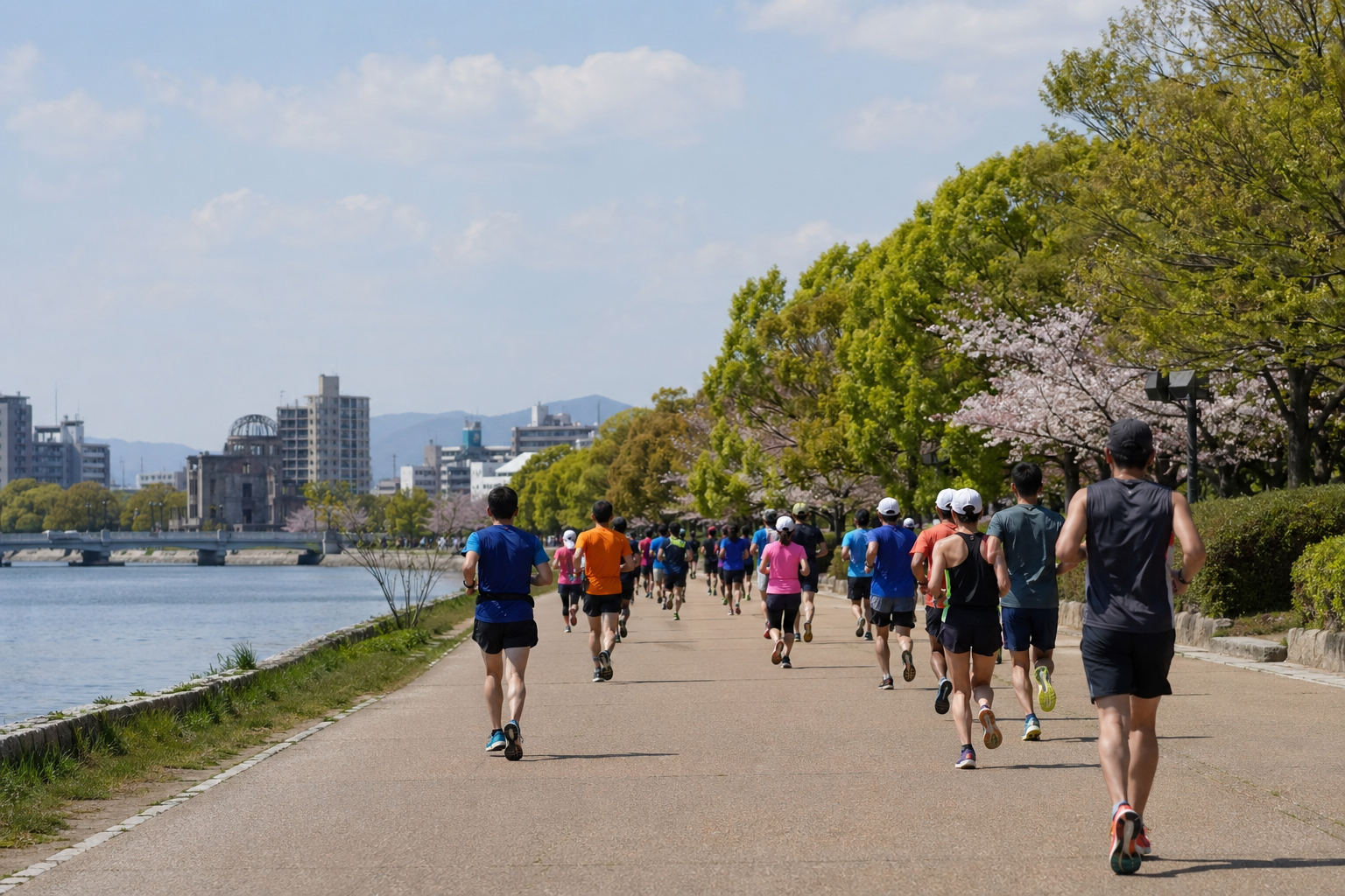 芦田川沿いの河川敷コースを走るランナー集団のイメージ。春の新緑や開放的な道が背景（特定個人の再現ではありません）。