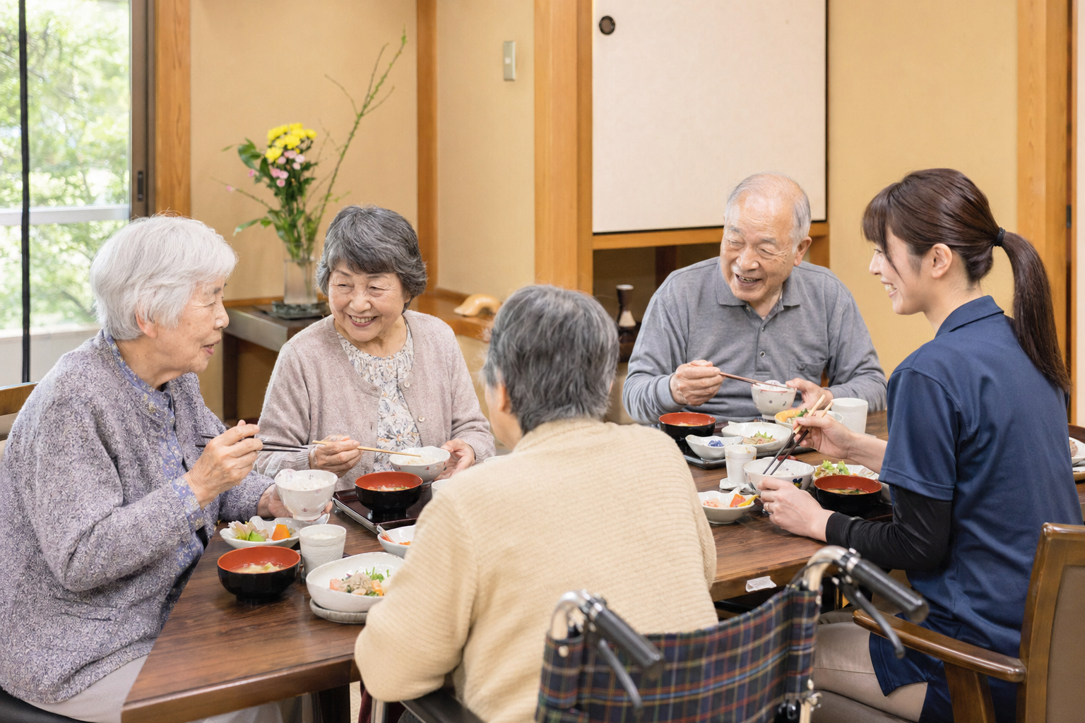グループホームの食事・共同生活のイメージ。特定施設の実景ではありません。※AIにより生成した参考イメージです。