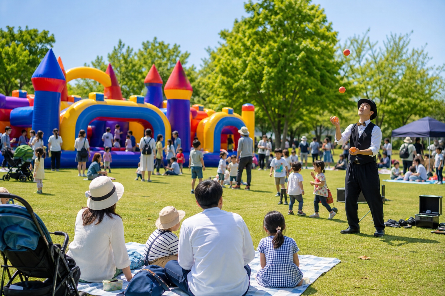 ピクニック広場を想定した屋外イベントのイメージ。大型ふわふわ遊具と家族連れ、大道芸のようなパフォーマンスの雰囲気。※画像は生成AIにより作成されたイメージです