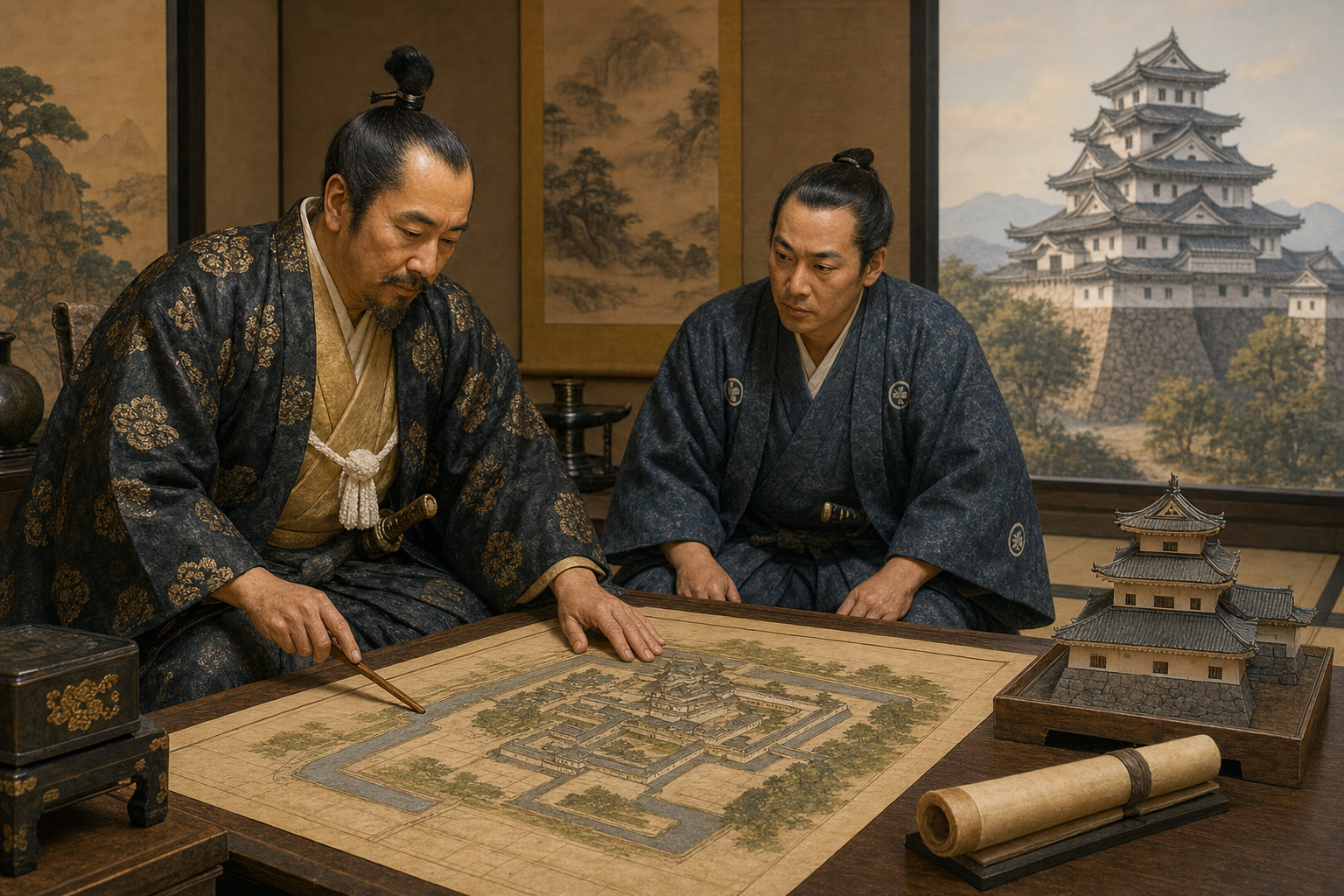 江戸期の城と藩政をイメージした歴史解説用のイラスト風ビジュアル。※画像は生成AIにより作成されたイメージです